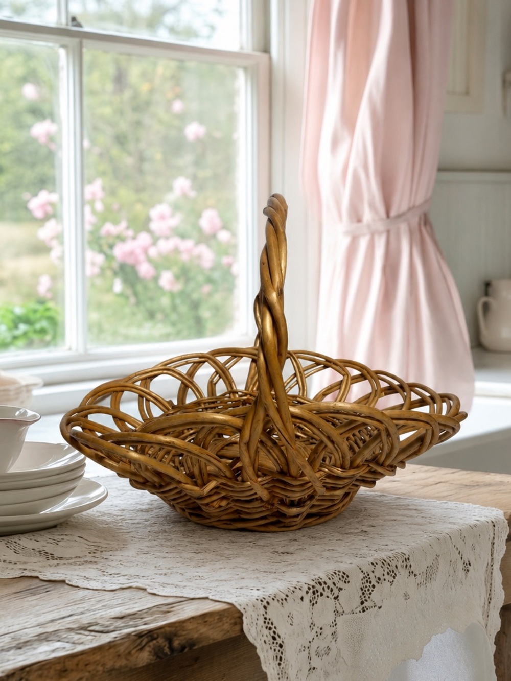 Vintage Gathering Basket Antique Woven Hand Crafted Natural Boho Country Cottage